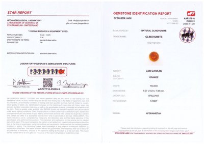 Сертификат Ярко-оранжевый клиногумит 3,88 карат в огранке круг, Афганистан