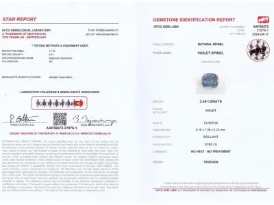 Сертификат Насыщенная фиолетовая шпинель в огранке кушон 2,49 карат, Шри-Ланка
