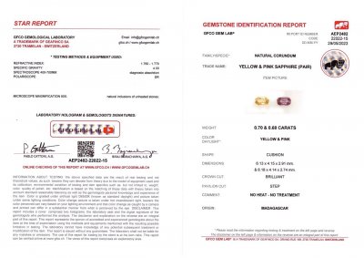 Сертификат Контрастная пара необлагороженных сапфиров в огранке кушон 1,38 карата