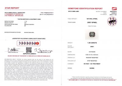 Сертификат Стальная шпинель в огранке радиант 1,38 карат, Бирма