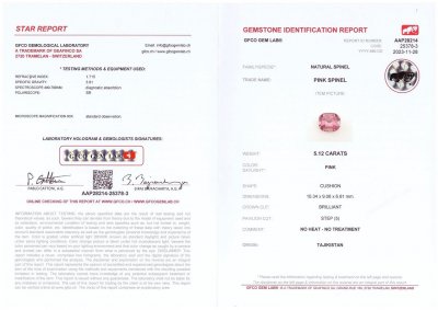 Сертификат Насыщенная пурпурно-розовая шпинель из Таджикистана в огранке кушон 5,12 карата