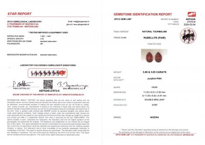 Сертификат Пара турмалинов рубеллитов 6,09 карата из Нигерии в огранке груша