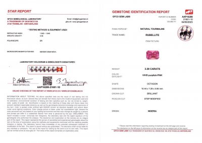 Сертификат Рубеллит редкого цвета hot pink в огранке радиант 3,28 карата, Нигерия