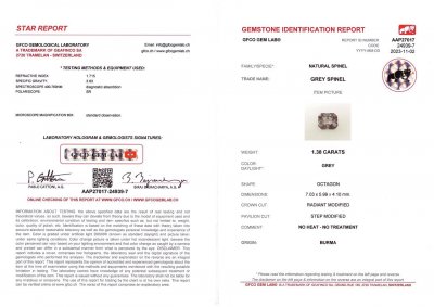 Сертификат Серая стальная шпинель в огранке радиант 1,38 карат, Бирма