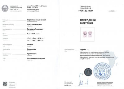 Сертификат Пара розовых морганитов в редкой огранке радиант 10,24 карат, Африка