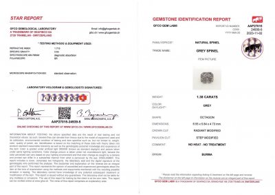 Сертификат Стальная шпинель из Бирмы в огранке радиант 1,38 карат