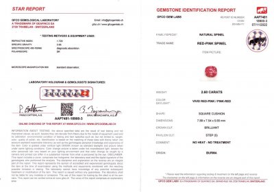 Сертификат Ярко-розовая бирманская шпинель в огранке кушон 2,60 карат