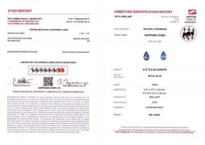 Сертификат Пара насыщенных синих сапфиров в огранке груша 0,72 карат, Шри-Ланка