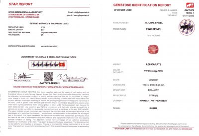 Сертификат Оранжевато-розовая шпинель в огранке кушон 4,00 карат, Бирма