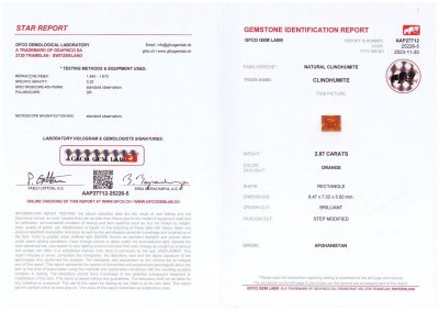 Сертификат Редкий ярко-оранжевый клиногумит в огранке багет 2,87 карат, Афганистан
