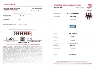 Сертификат Турмалин индиголит в огранке кушон 2,47 карата