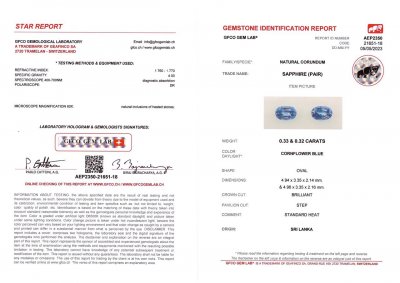 Сертификат Пара голубых сапфиров из Шри-Ланки в огранке овал 0,65 карат