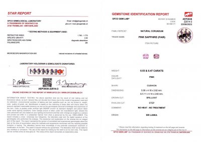 Сертификат Пара негретых розовых сапфиров в огранке кушон 1,00 карат, Шри-Ланка