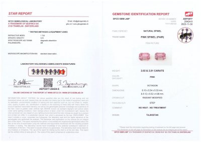 Сертификат Пара розовых шпинелей в огранке радиант 4,03 карата, Памир