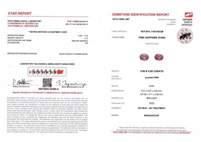 Сертификат Пара ярко-розовых негретых сапфиров в огранке овал 1,32 карат, Мадагаскар