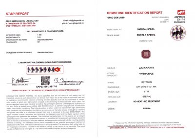 Сертификат Бирманская пурпурная шпинель в огранке октагон 2,72 карата