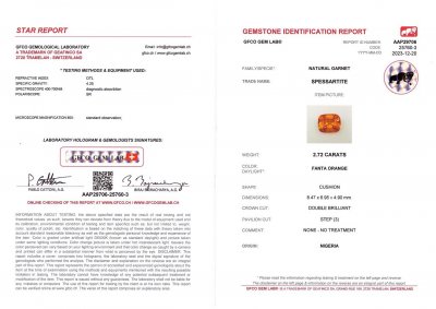 Сертификат Гранат спессартин 2,72 карата в огранке кушон, Африка