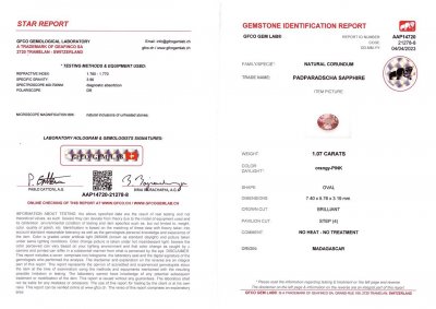 Сертификат Сапфир Падпараджа в огранке овал 1,07 карат, Мадагаскар