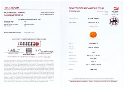 Сертификат Яркий спессартин топового цвета фанта 2,70 карата, Танзания