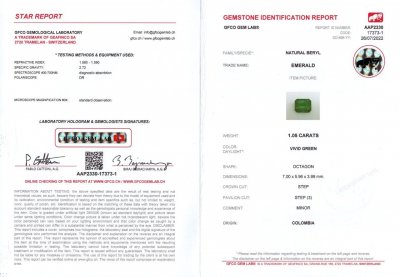 Сертификат Колумбийский изумруд 1,05 карат, Vivid Green