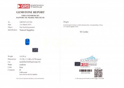 Сертификат Крупный синий сапфир в огранке кушон 14,19 карат, Шри-Ланка, GRS