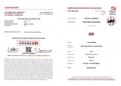 Сертификат Кольцо с негретым фиолетовым сапфиром 1,54 карата и бриллиантами в белом золоте 750 пробы