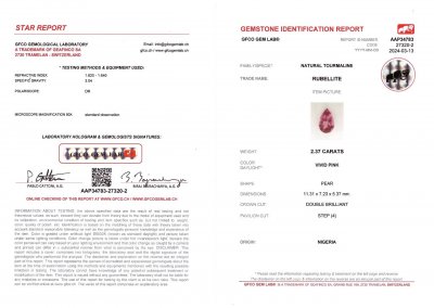 Сертификат Розовый рубеллит в огранке груша 2,37 карата, Нигерия