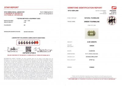Сертификат Мятно-зеленый турмалин в огранке кушон 2,38 карат, Африка
