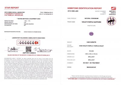 Сертификат Необлагороженный фиолетовый сапфир в огранке круг 0,60 карат, Мадагаскар