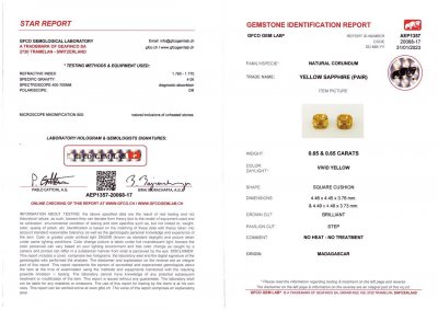 Сертификат Пара насыщенных желтых сапфиров без облагораживания 1,30 карат