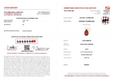 Сертификат Насыщенный красновато-оранжевый турмалин в огранке груша 3,63 карат, Африка