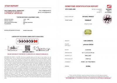 Сертификат Ярко-зеленый бирманский перидот в огранке кушон 5,92 карат