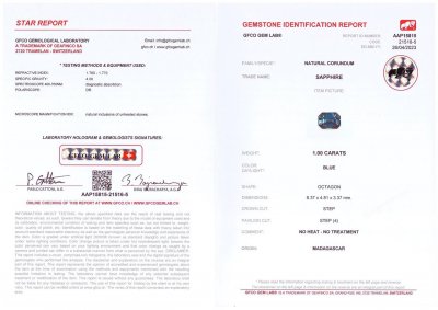 Сертификат Негретый сапфир цвета Teal 1,00 карат, Мадагаскар