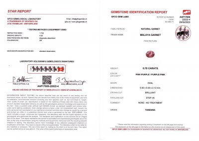 Сертификат Розовый гранат Малайя в огранке овал 0,70 карат, Танзания