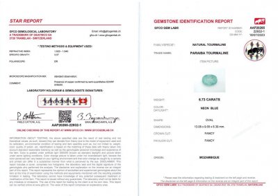 Сертификат Неоново-голубой турмалин Параиба в огранке овал 6,73 карат, Мозамбик