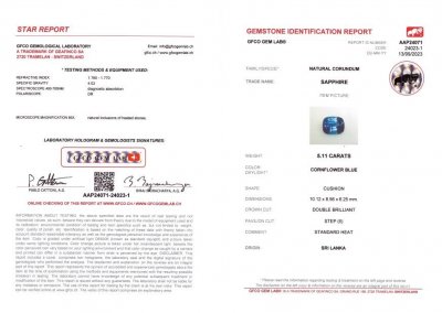 Сертификат Кольцо с сапфиром цвета Cornflower 5,11 карат и бриллиантами в белом золоте 750 пробы