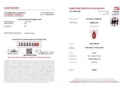 Сертификат Красно-розовый рубеллит в огранке груша 6,59 карата, Конго