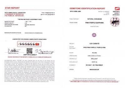 Сертификат Фиолетовый сапфир из Мадагаскара в огранке круг 0,91 карат