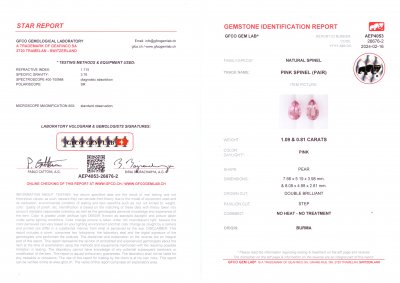 Сертификат Пара розовых шпинелей в огранке груша 1,90 карата, Таджикистан
