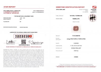 Сертификат Насыщенный розово-оранжевый турмалин в огранке кушон 7,76 карата, Африка