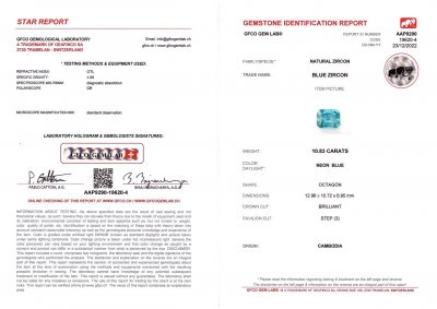 Сертификат Неоново-голубой циркон в огранке радиант 10,83 карата