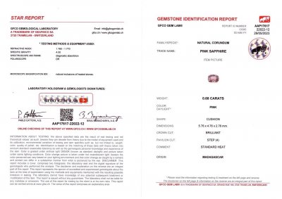 Сертификат Розово-фиолетовый сапфир в огранке кушон 0,68 карат, Мадагаскар