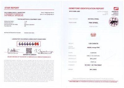 Сертификат Розовая шпинель в огранке кушон 3,50 карат, Шри-Ланка