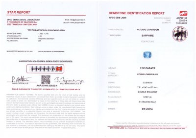 Сертификат Васильковый сапфир в огранке кушон 2,52 карат, Шри-Ланка