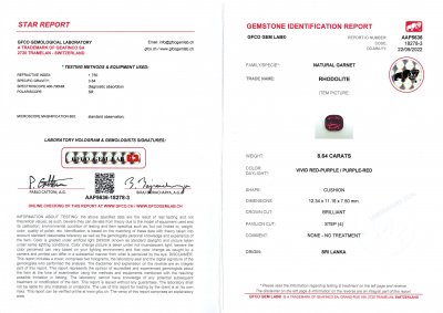Сертификат Крупный пурпурный родолит в огранке кушон 8,64 карата, Шри-Ланка