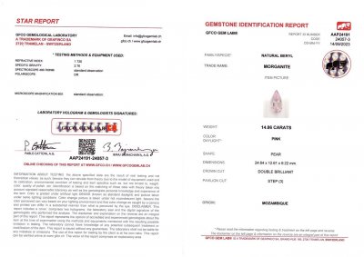 Сертификат Редкий ярко-розовый морганит в огранке груша 14,86 карат