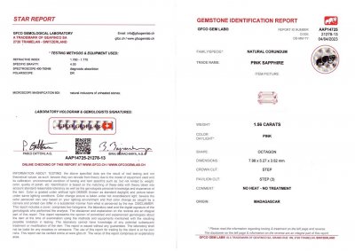 Сертификат Нежно-розовый негретый сапфир в огранке октагон 1,56 карат