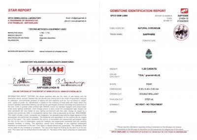 Сертификат Негретый сапфир цвета Teal в огранке груша 1,25 карат, Мадагаскар