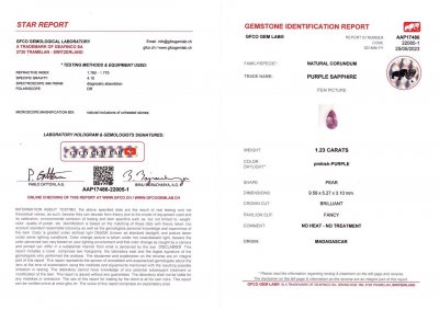 Сертификат Яркий лиловый негретый сапфир в огранке груша 1,23 карата