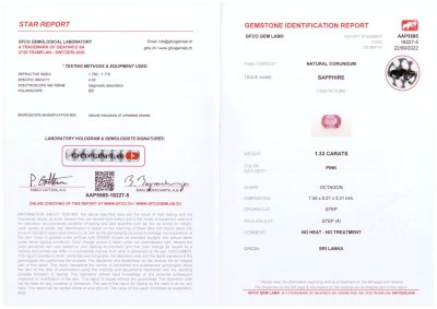 Сертификат Кольцо с розовым природным сапфиром 1,33 карата в белом золоте 750 пробы